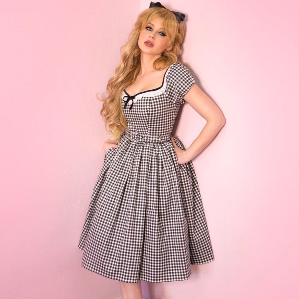 EUC Vixen by Micheline Pitt Bardot Beauty Swing Dress in Black Gingham